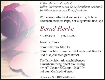 Traueranzeige von Bernd Henke  von Magdeburger Volksstimme