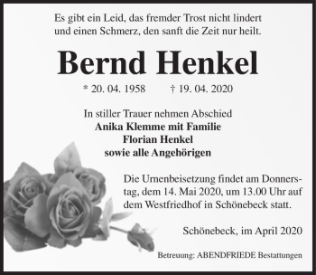 Traueranzeige von Bernd Henkel  von Magdeburger Volksstimme