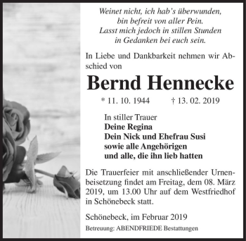 Traueranzeige von Bernd Hennecke  von Magdeburger Volksstimme
