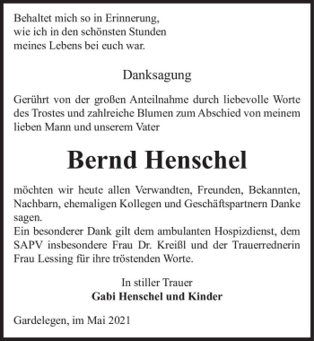 Traueranzeige von Bernd Henschel  von Magdeburger Volksstimme