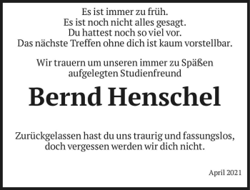 Traueranzeige von Bernd Henschel  von Magdeburger Volksstimme