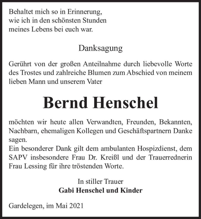 Traueranzeige für Bernd Henschel  vom 07.05.2021 aus Magdeburger Volksstimme