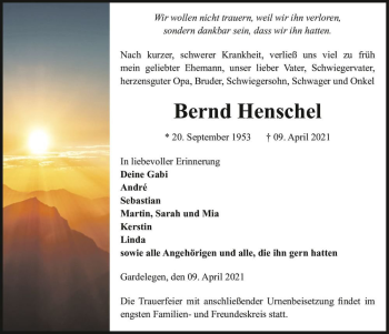 Traueranzeige von Bernd Henschel  von Magdeburger Volksstimme