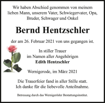 Traueranzeige von Bernd Hentzschler  von Magdeburger Volksstimme