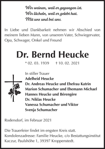 Traueranzeige von Bernd Heucke  von Magdeburger Volksstimme