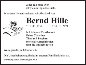 Traueranzeige von Bernd Hille  von Magdeburger Volksstimme