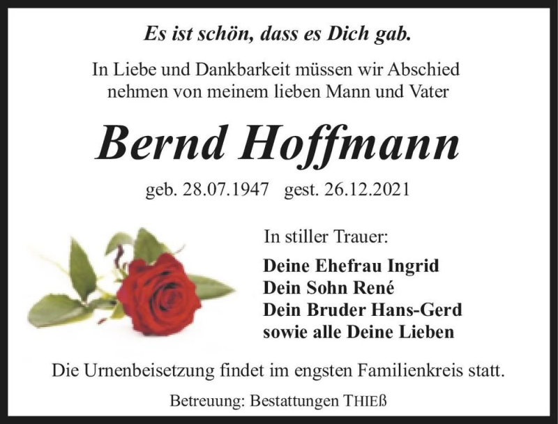  Traueranzeige für Bernd Hoffmann  vom 08.01.2022 aus Magdeburger Volksstimme