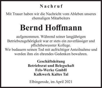 Traueranzeige von Bernd Hoffmann  von Magdeburger Volksstimme