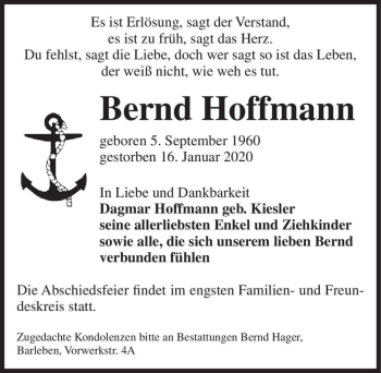 Traueranzeige von Bernd Hoffmann  von Magdeburger Volksstimme
