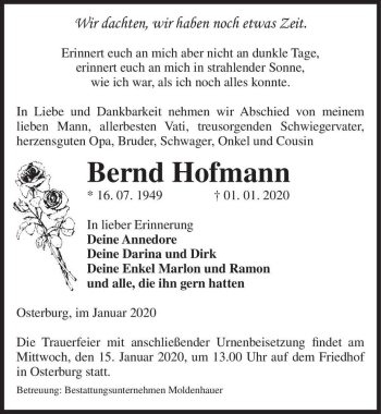 Traueranzeige von Bernd Hofmann  von Magdeburger Volksstimme