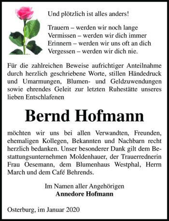 Traueranzeige von Bernd Hofmann  von Magdeburger Volksstimme