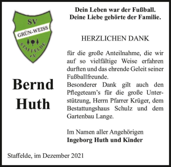 Traueranzeige von Bernd Huth  von Magdeburger Volksstimme