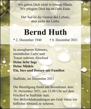 Traueranzeige von Bernd Huth  von Magdeburger Volksstimme