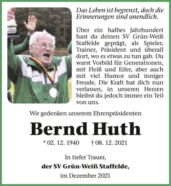 Traueranzeige von Bernd Huth  von Magdeburger Volksstimme