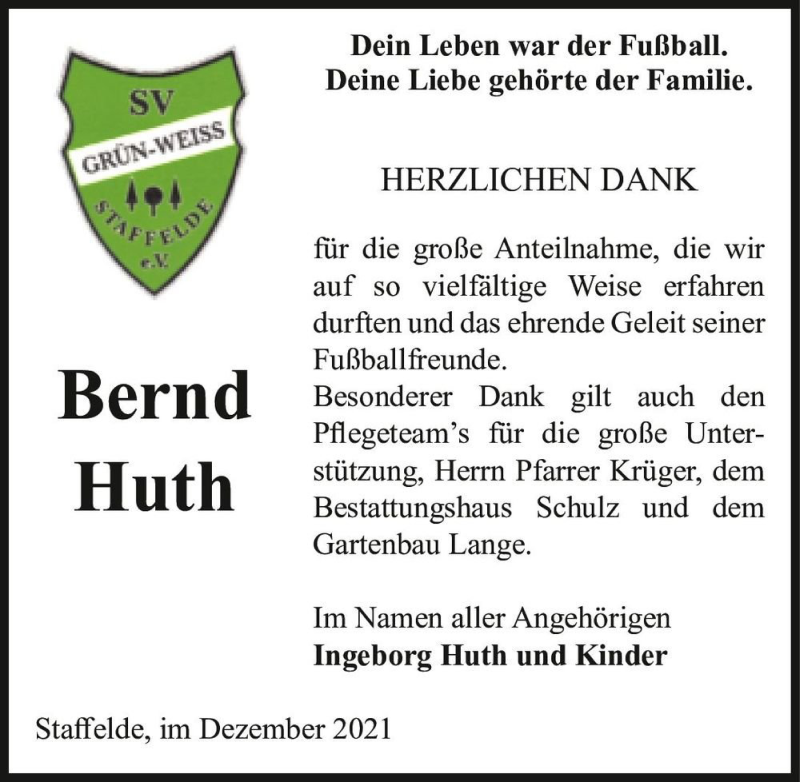  Traueranzeige für Bernd Huth  vom 28.12.2021 aus Magdeburger Volksstimme