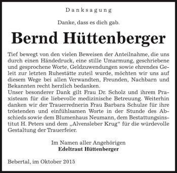 Traueranzeige von Bernd Hüttenberger  von Magdeburger Volksstimme