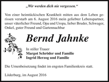 Traueranzeige von Bernd Jahnke  von Magdeburger Volksstimme