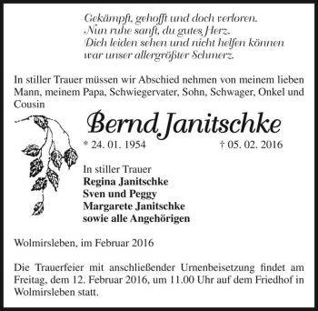 Traueranzeige von Bernd Janitschke  von Magdeburger Volksstimme