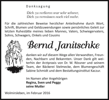 Traueranzeige von Bernd Janitschke  von Magdeburger Volksstimme