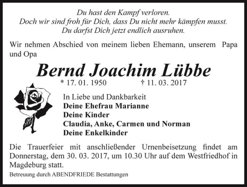  Traueranzeige für Bernd Joachim Lübbe  vom 25.03.2017 aus Magdeburger Volksstimme