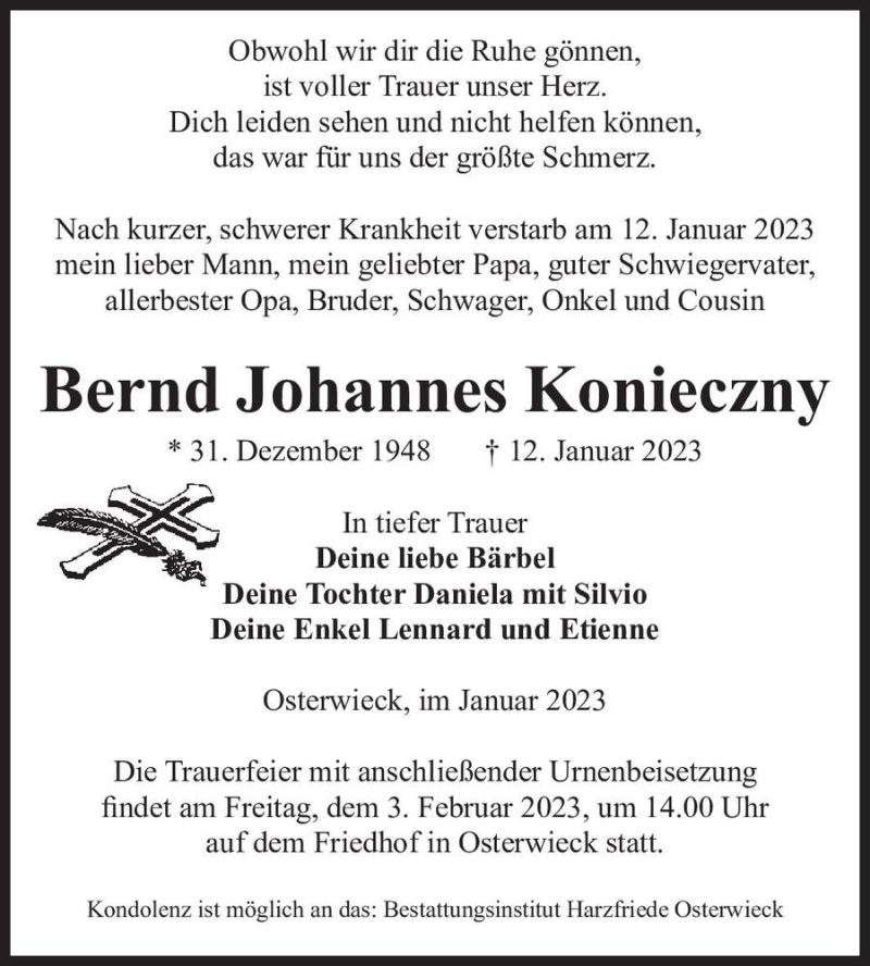  Traueranzeige für Bernd Johannes Konieczny  vom 21.01.2023 aus Magdeburger Volksstimme