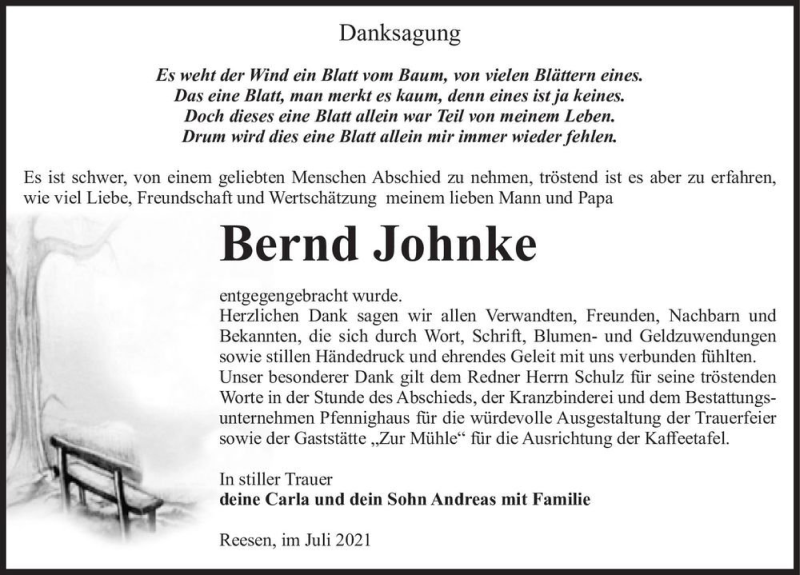  Traueranzeige für Bernd Johnke  vom 24.07.2021 aus Magdeburger Volksstimme
