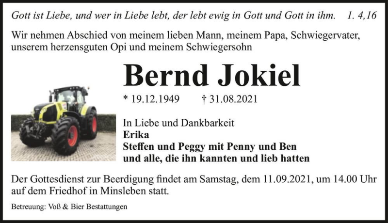  Traueranzeige für Bernd Jokiel  vom 04.09.2021 aus Magdeburger Volksstimme