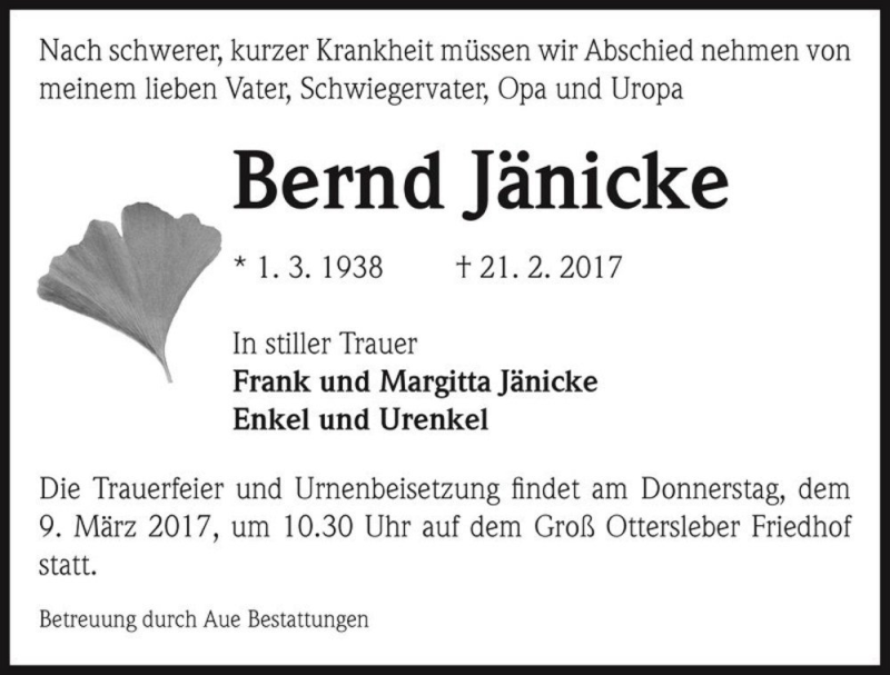  Traueranzeige für Bernd Jänicke  vom 04.03.2017 aus Magdeburger Volksstimme