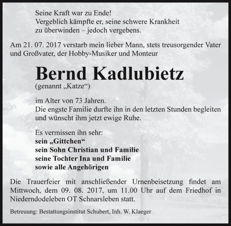  Traueranzeige für Bernd Kadlubietz (Katze)  vom 29.07.2017 aus Magdeburger Volksstimme