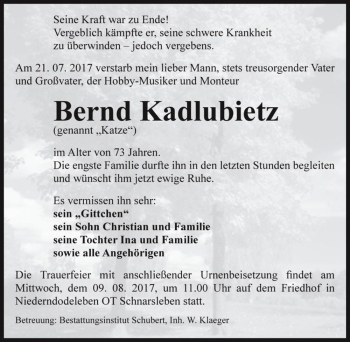 Traueranzeige von Bernd Kadlubietz (Katze)  von Magdeburger Volksstimme