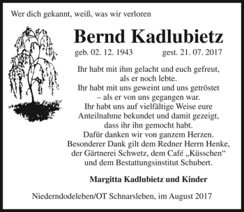 Traueranzeige von Bernd Kadlubietz  von Magdeburger Volksstimme