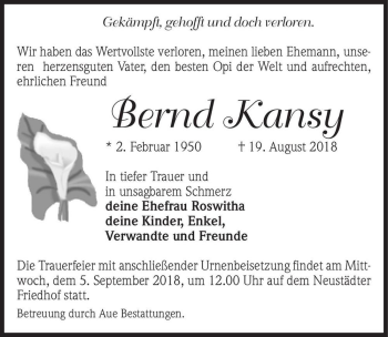 Traueranzeige von Bernd Kansy  von Magdeburger Volksstimme