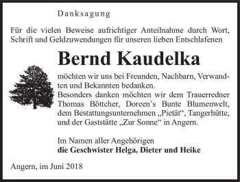 Traueranzeige von Bernd Kaudelka  von Magdeburger Volksstimme