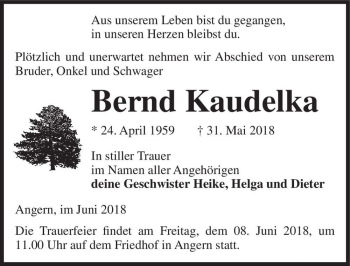 Traueranzeige von Bernd Kaudelka  von Magdeburger Volksstimme