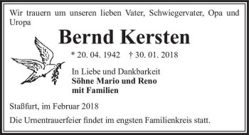 Traueranzeige von Bernd Kersten  von Magdeburger Volksstimme