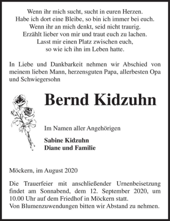 Traueranzeige von Bernd Kidzuhn  von Magdeburger Volksstimme