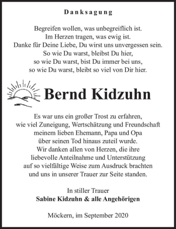 Traueranzeige von Bernd Kidzuhn  von Magdeburger Volksstimme
