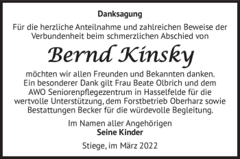 Traueranzeige von Bernd Kinsky  von Magdeburger Volksstimme