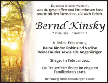 Traueranzeige von Bernd Kinsky  von Magdeburger Volksstimme