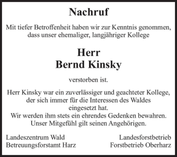 Traueranzeige von Bernd Kinsky  von Magdeburger Volksstimme