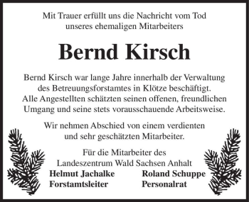 Traueranzeige von Bernd Kirsch  von Magdeburger Volksstimme