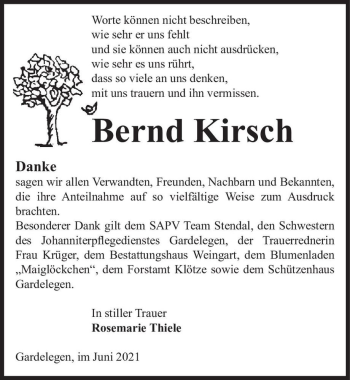 Traueranzeige von Bernd Kirsch  von Magdeburger Volksstimme