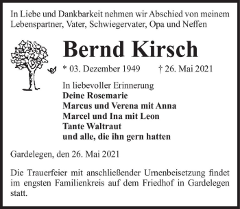 Traueranzeige von Bernd Kirsch  von Magdeburger Volksstimme