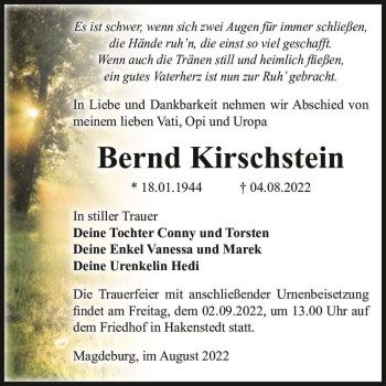 Traueranzeige von Bernd Kirschstein  von Magdeburger Volksstimme