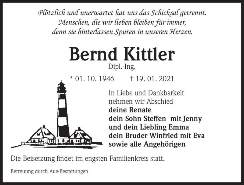  Traueranzeige für Bernd Kittler  vom 30.01.2021 aus Magdeburger Volksstimme