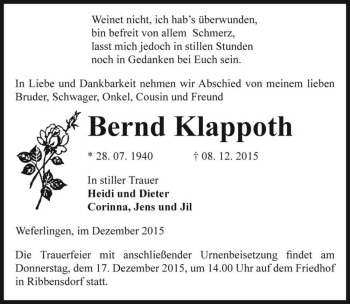 Traueranzeige von Bernd Klappoth  von Magdeburger Volksstimme