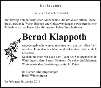 Traueranzeige von Bernd Klappoth  von Magdeburger Volksstimme