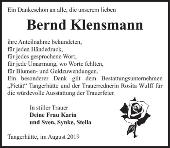 Traueranzeige von Bernd Klensmann  von Magdeburger Volksstimme
