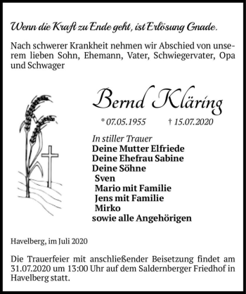 Traueranzeige von Bernd Kläring  von Magdeburger Volksstimme