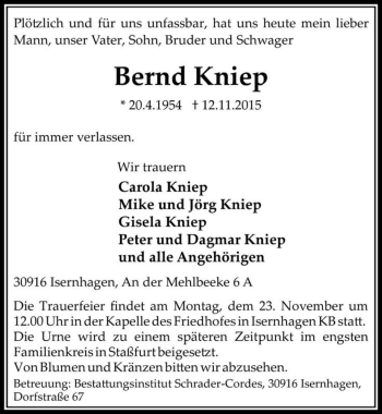 Traueranzeige von Bernd Kniep  von Magdeburger Volksstimme